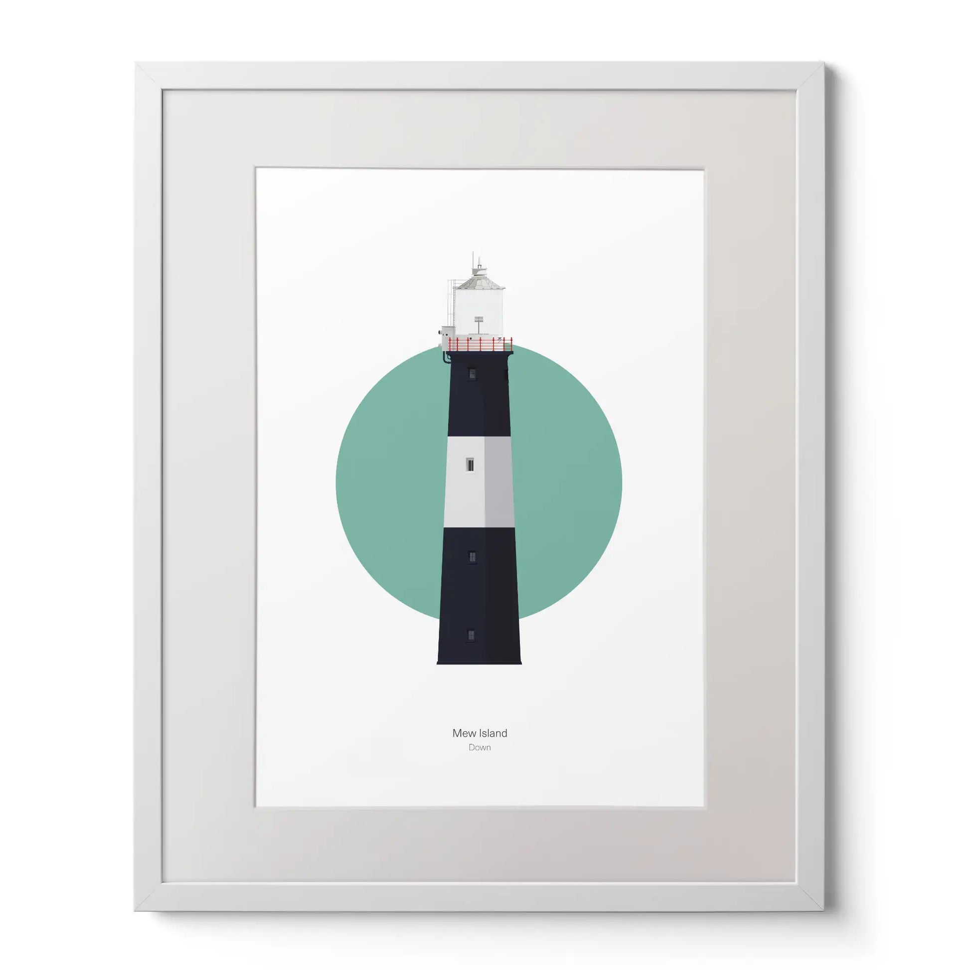Contemporary art print of Mew Island lighthouse on a white background inside light blue square,  in a white frame measuring 40x50cm.