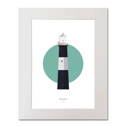 Contemporary illustration of Mew Island lighthouse on a white background inside light blue square, mounted and measuring 40x50cm.