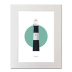 Contemporary illustration of Mew Island lighthouse on a white background inside light blue square, mounted and measuring 40x50cm.