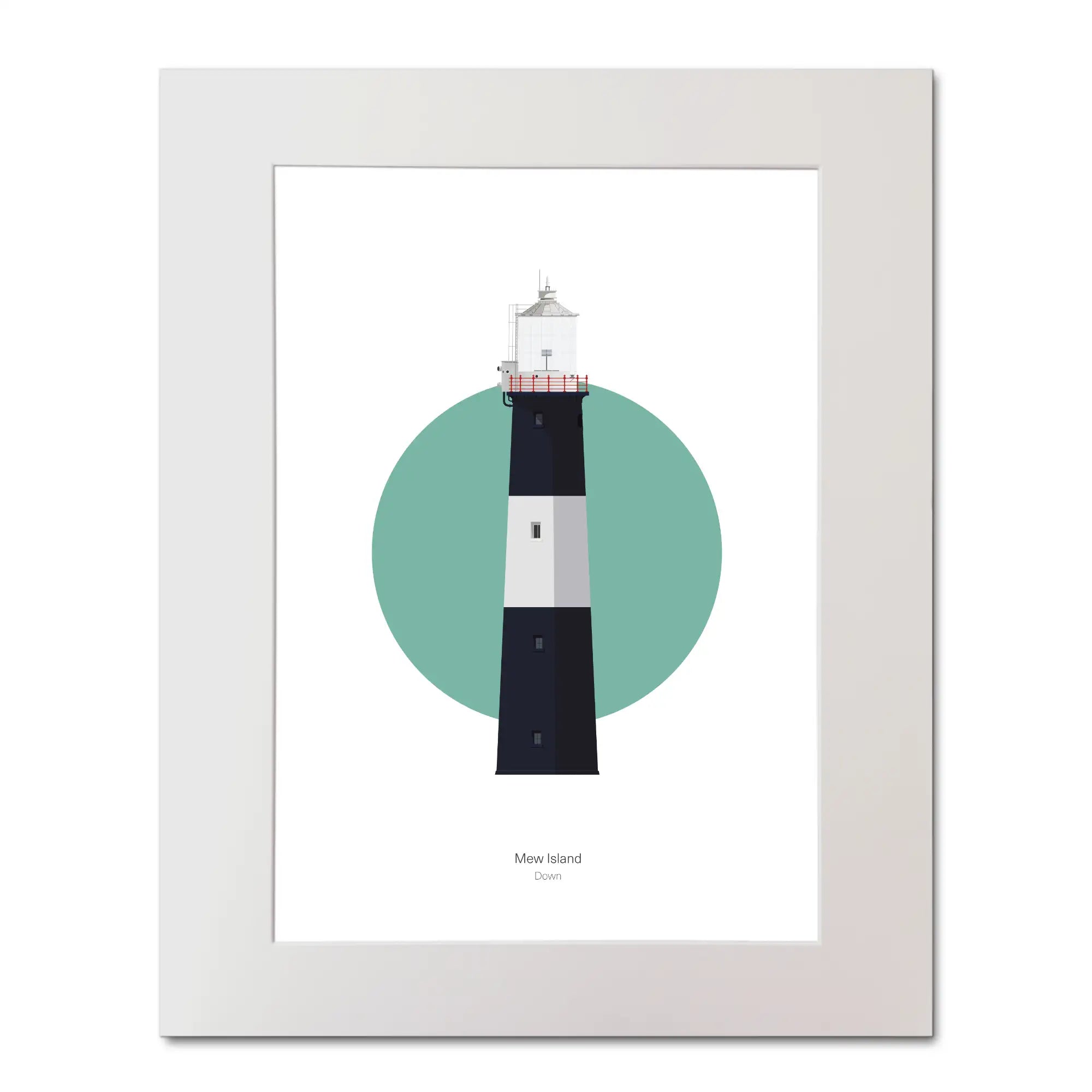 Contemporary illustration of Mew Island lighthouse on a white background inside light blue square, mounted and measuring 40x50cm.
