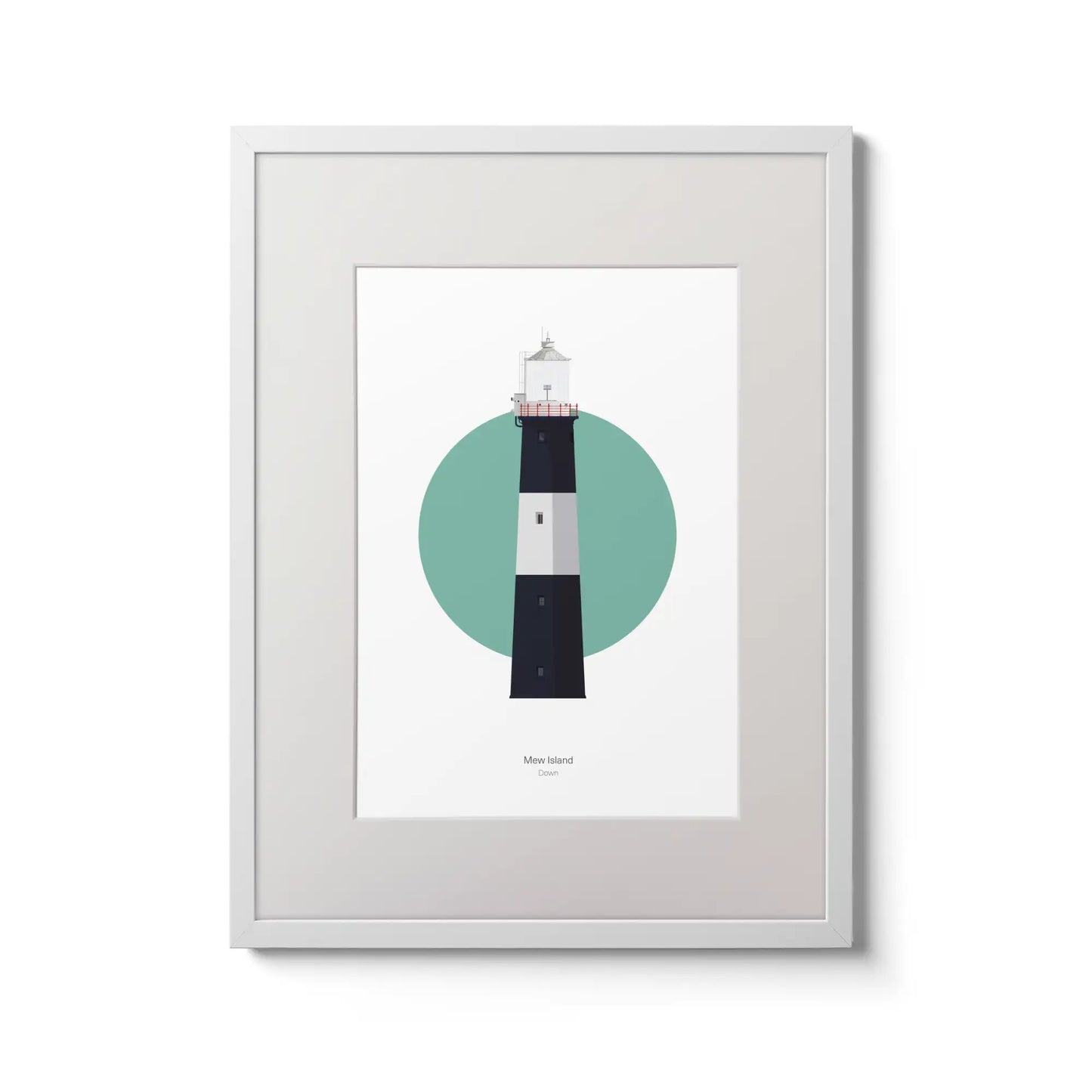 Contemporary wall art decor of Mew Island lighthouse on a white background inside light blue square,  in a white frame measuring 30x40cm.