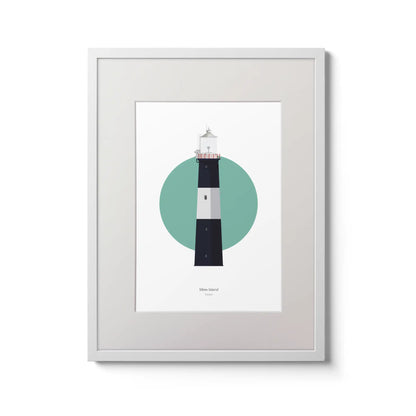 Contemporary wall art decor of Mew Island lighthouse on a white background inside light blue square,  in a white frame measuring 30x40cm.