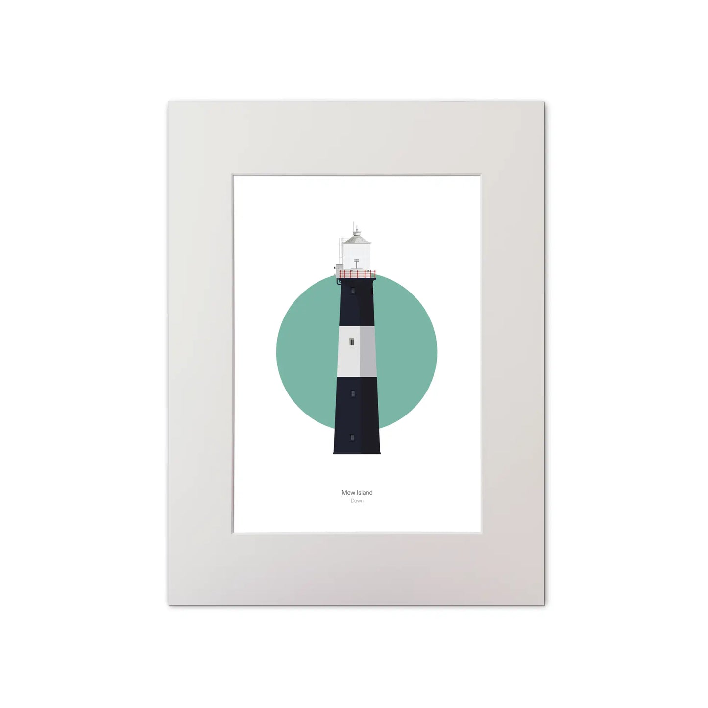 Contemporary graphic illustration of Mew Island lighthouse on a white background inside light blue square, mounted and measuring 30x40cm.