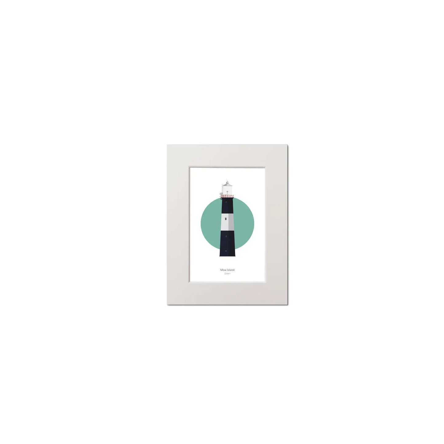 Contemporary graphic illustration of Mew Island lighthouse on a white background inside light blue square, mounted and measuring 15x20cm.