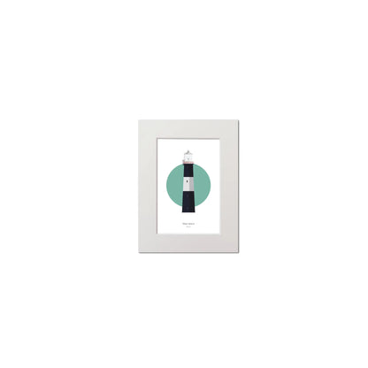 Contemporary graphic illustration of Mew Island lighthouse on a white background inside light blue square, mounted and measuring 15x20cm.