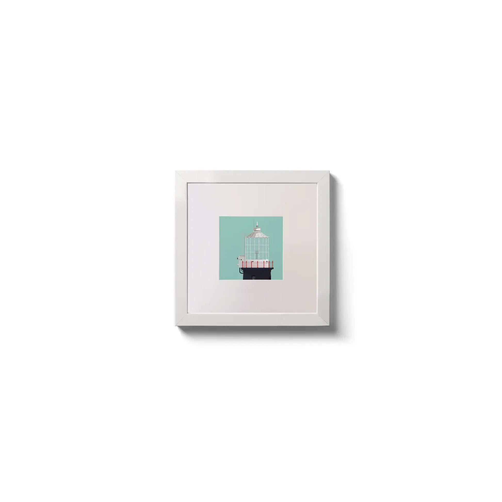 Illustration Mew Island lighthouse on an ocean green background,  in a white square frame measuring 10x10cm.