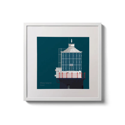 Framed wall art decoration Mew Island lighthouse on a midnight blue background,  in a white square frame measuring 20x20cm.