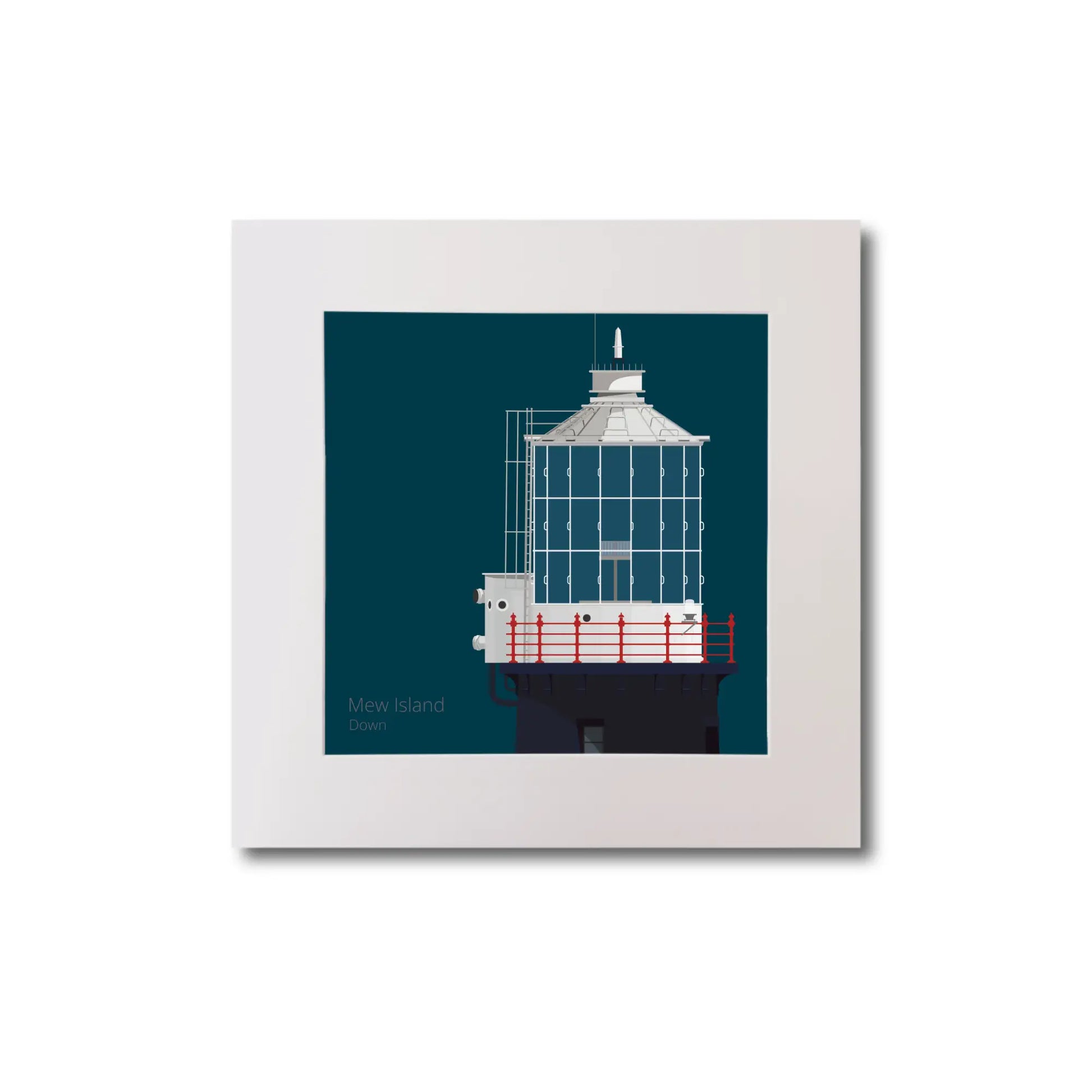 Illustration Mew Island lighthouse on a midnight blue background, mounted and measuring 20x20cm.