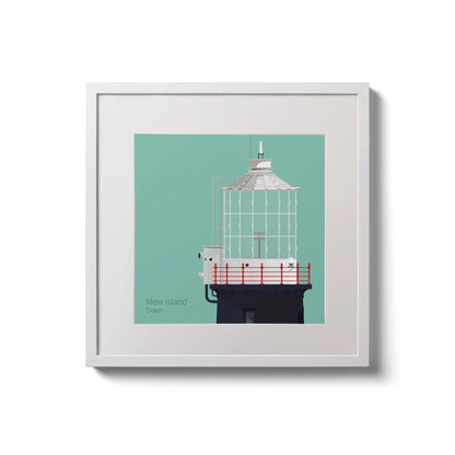 Contemporary wall hanging Mew Island lighthouse on an ocean green background,  in a white square frame measuring 20x20cm.