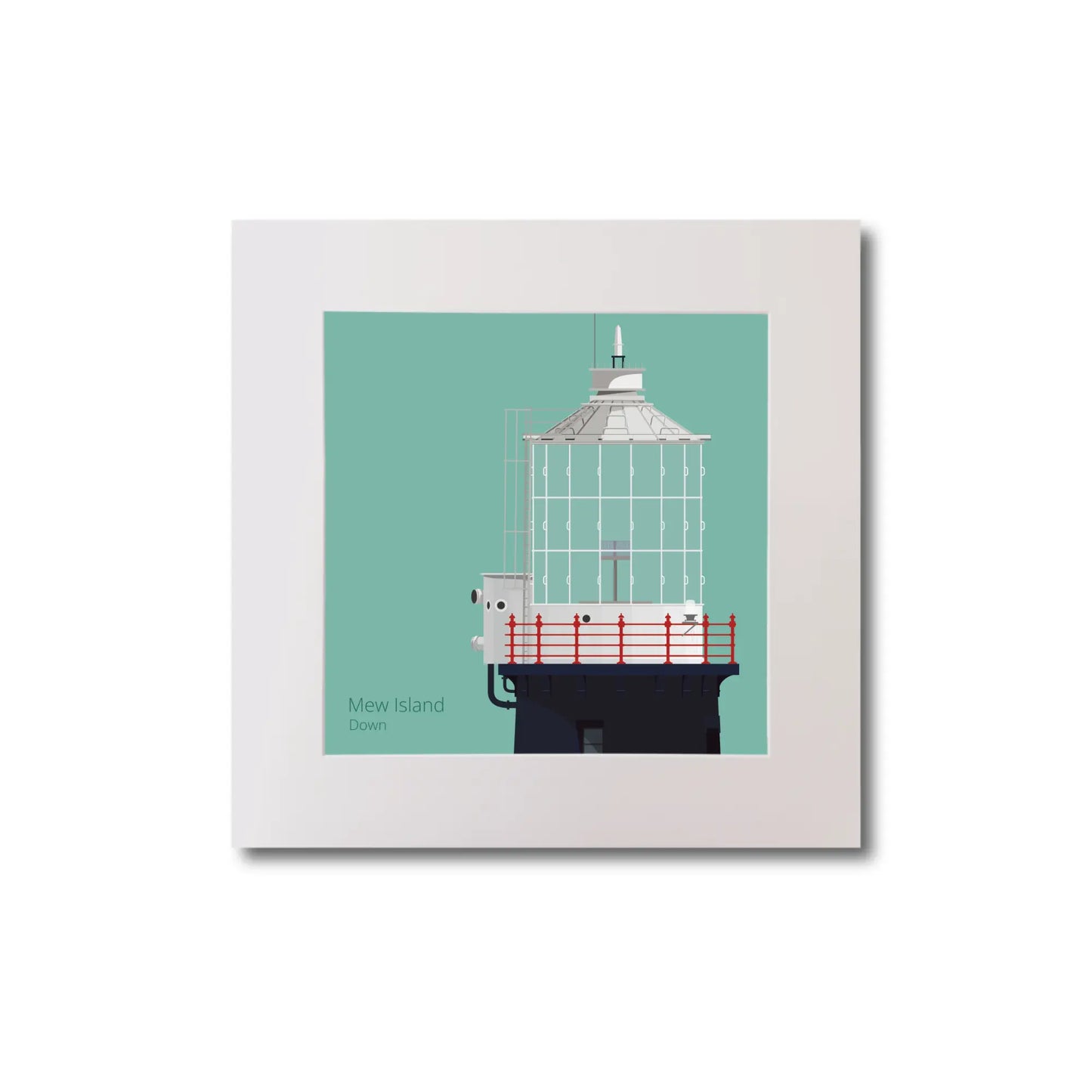 Illustration Mew Island lighthouse on an ocean green background, mounted and measuring 20x20cm.