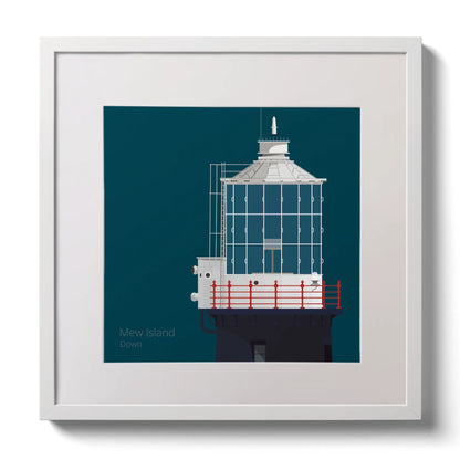 Illustration Mew Island lighthouse on a midnight blue background,  in a white square frame measuring 30x30cm.