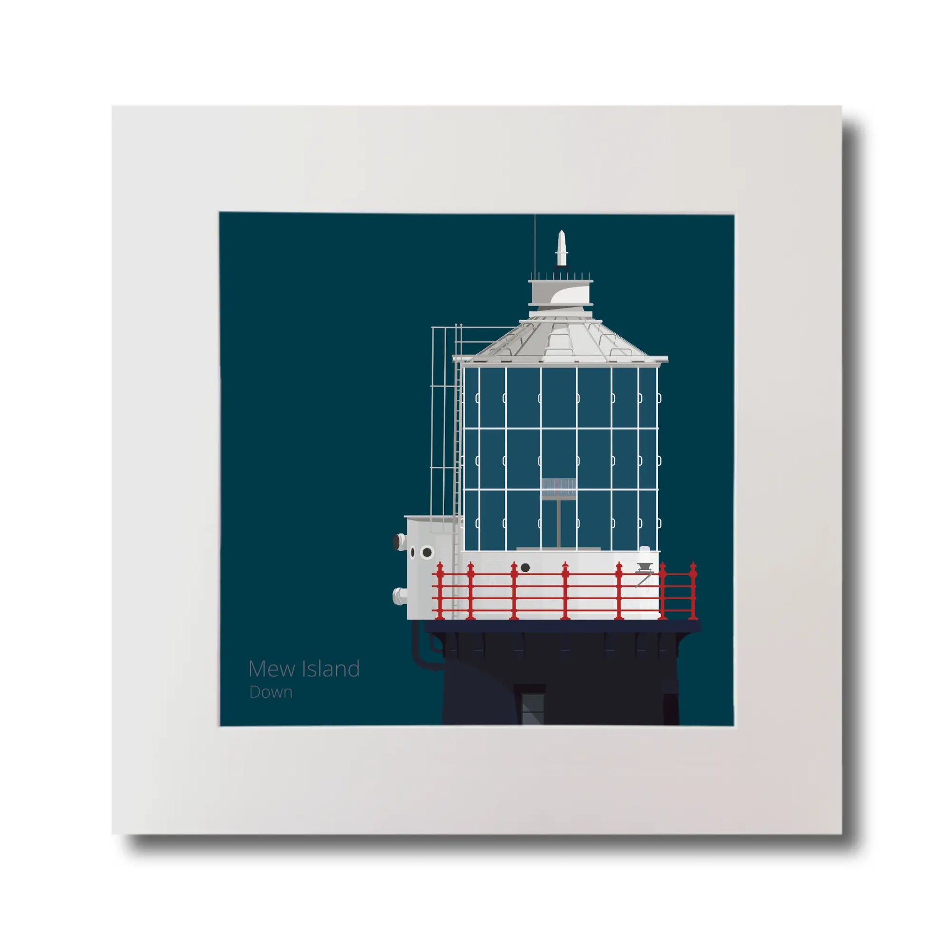 Illustration Mew Island lighthouse on a midnight blue background, mounted and measuring 30x30cm.