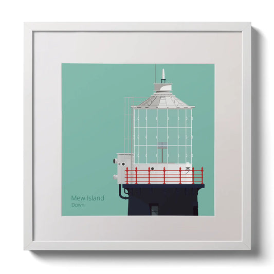 Illustration Mew Island lighthouse on an ocean green background,  in a white square frame measuring 30x30cm.