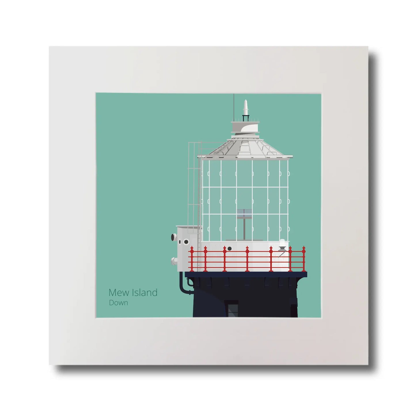 Illustration Mew Island lighthouse on an ocean green background, mounted and measuring 30x30cm.