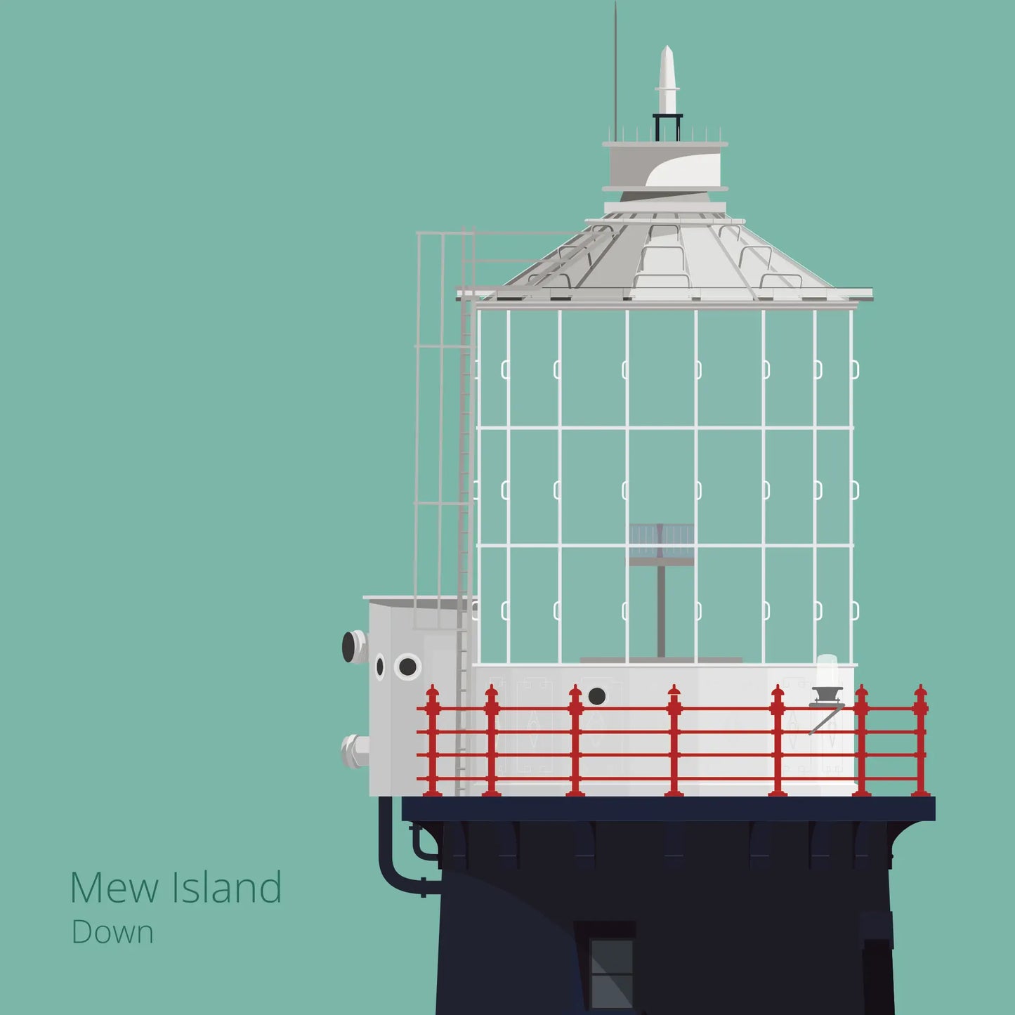 Illustration Mew Island lighthouse on an ocean green background