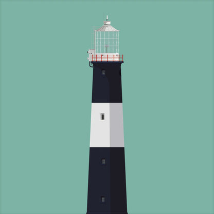 Contemporary graphic illustration of Mew Island lighthouse on a white background inside light blue square.