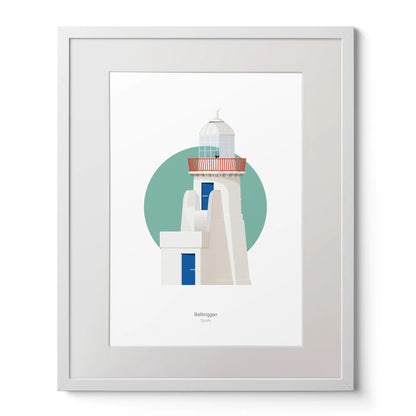 Contemporary art print of Ballbriggan lighthouse on a white background inside light blue square,  in a white frame measuring 40x50cm.