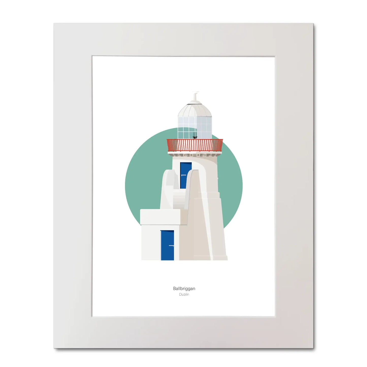 Contemporary illustration of Ballbriggan lighthouse on a white background inside light blue square, mounted and measuring 40x50cm.