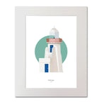 Contemporary illustration of Ballbriggan lighthouse on a white background inside light blue square, mounted and measuring 40x50cm.