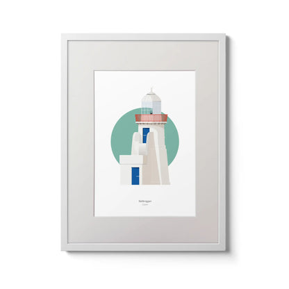 Contemporary wall art decor of Ballbriggan lighthouse on a white background inside light blue square,  in a white frame measuring 30x40cm.