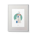 Contemporary wall art decor of Ballbriggan lighthouse on a white background inside light blue square,  in a white frame measuring 30x40cm.