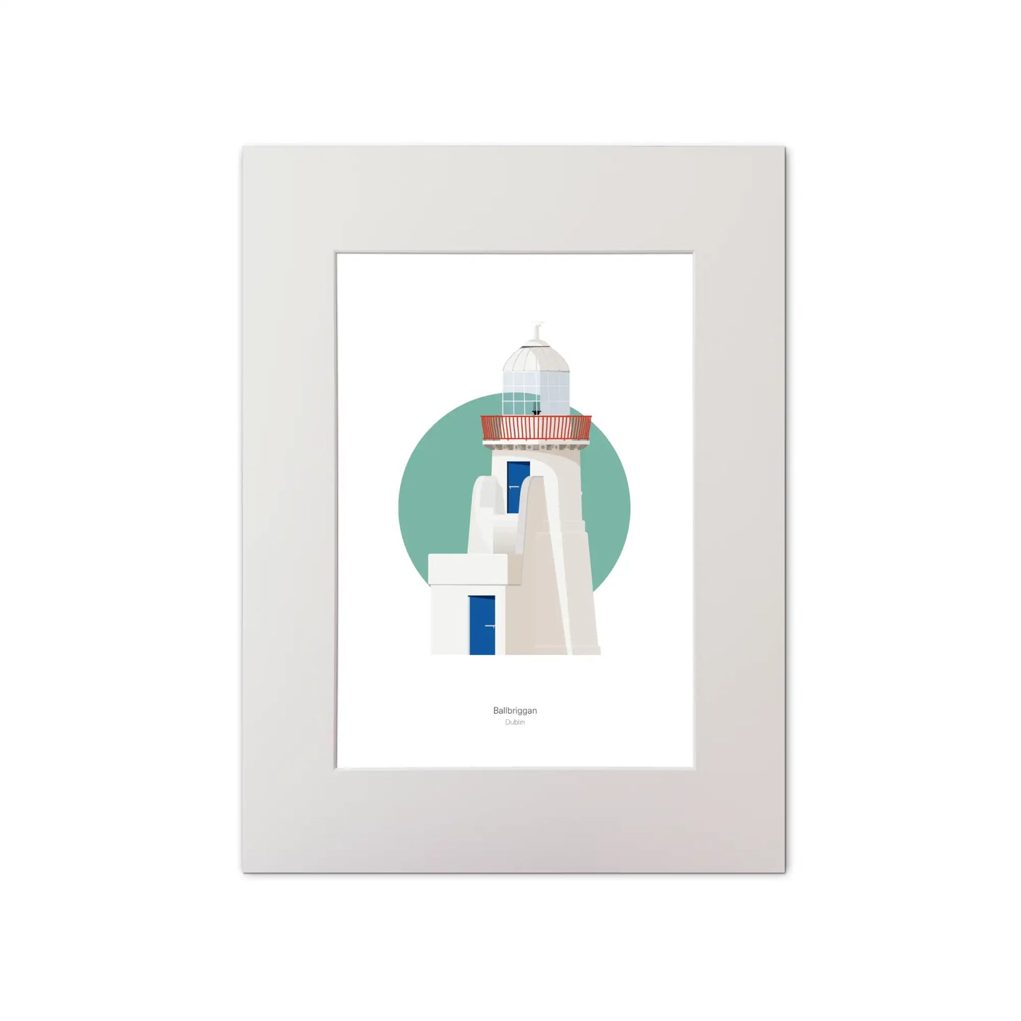 Contemporary graphic illustration of Ballbriggan lighthouse on a white background inside light blue square, mounted and measuring 30x40cm.