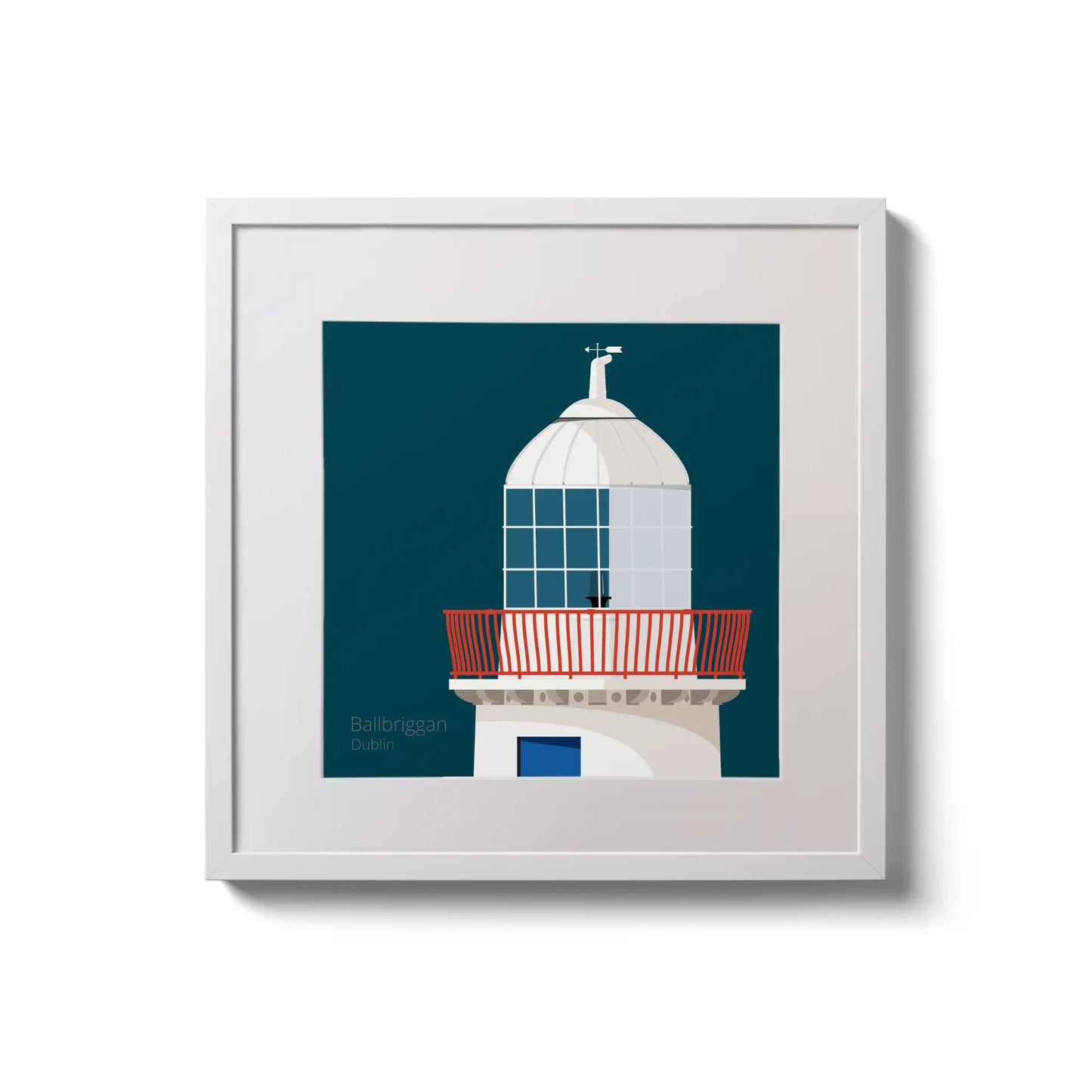 Framed wall art decoration Ballbriggan lighthouse on a midnight blue background,  in a white square frame measuring 20x20cm.