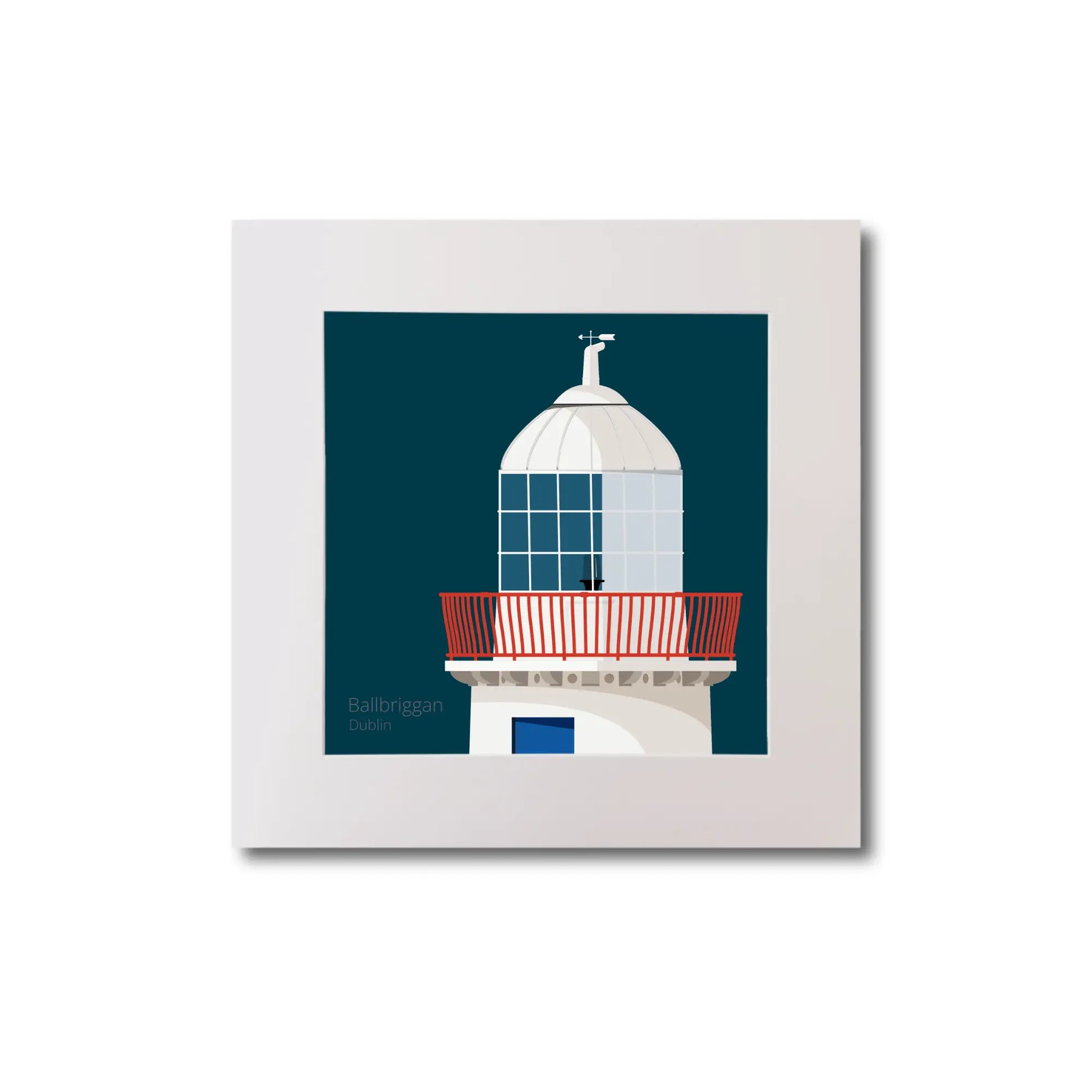 Illustration Ballbriggan lighthouse on a midnight blue background, mounted and measuring 20x20cm.