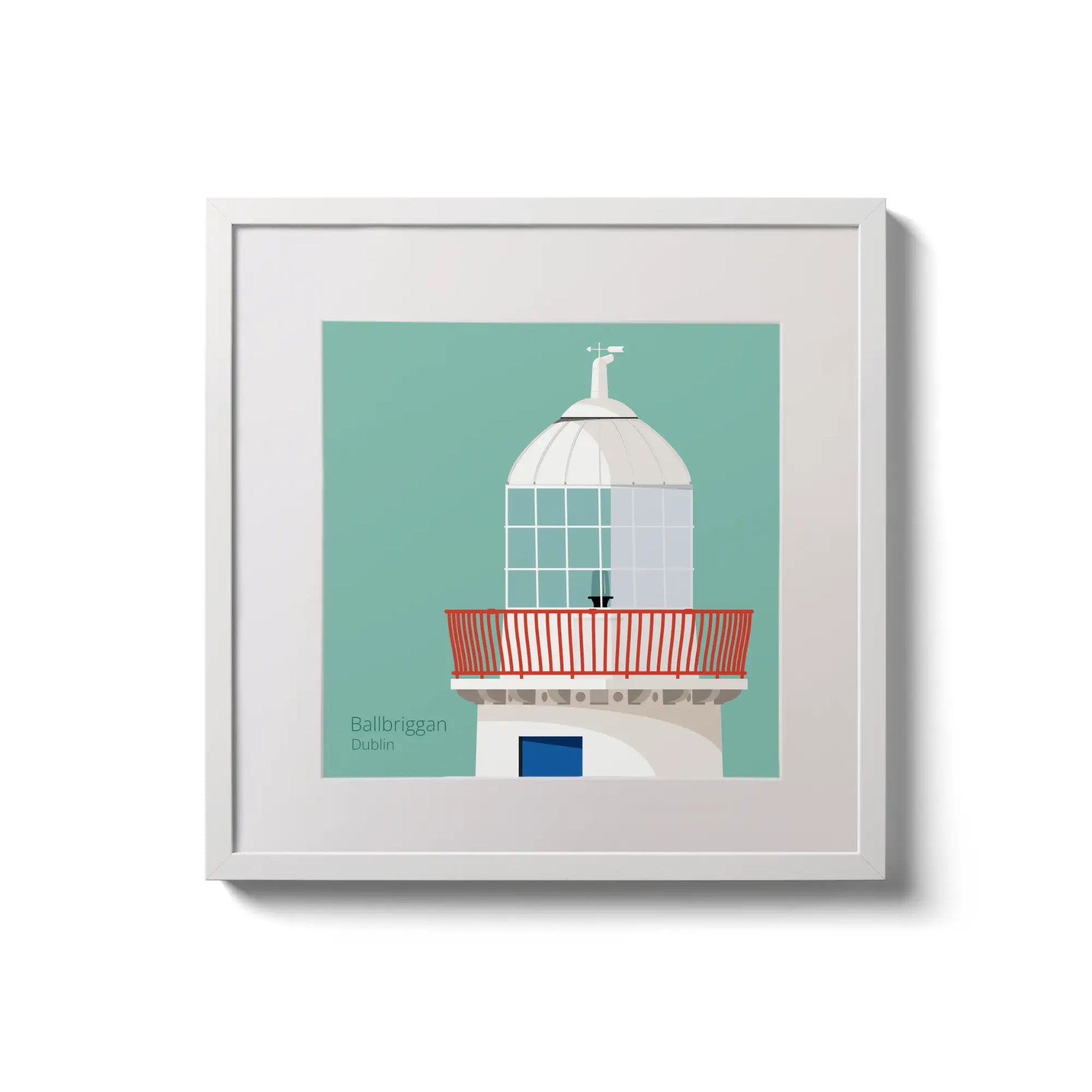Contemporary wall hanging Ballbriggan lighthouse on an ocean green background,  in a white square frame measuring 20x20cm.