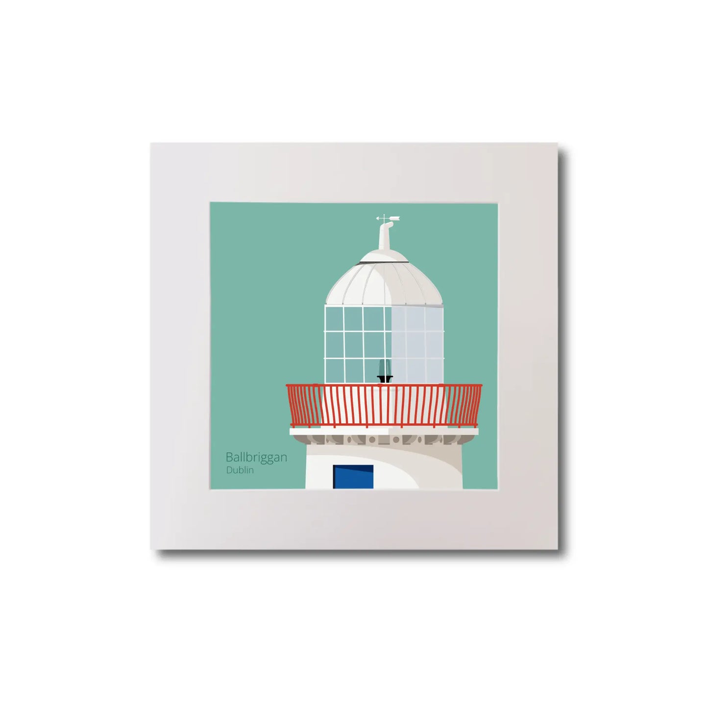 Illustration Ballbriggan lighthouse on an ocean green background, mounted and measuring 20x20cm.