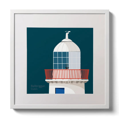 Illustration Ballbriggan lighthouse on a midnight blue background,  in a white square frame measuring 30x30cm.
