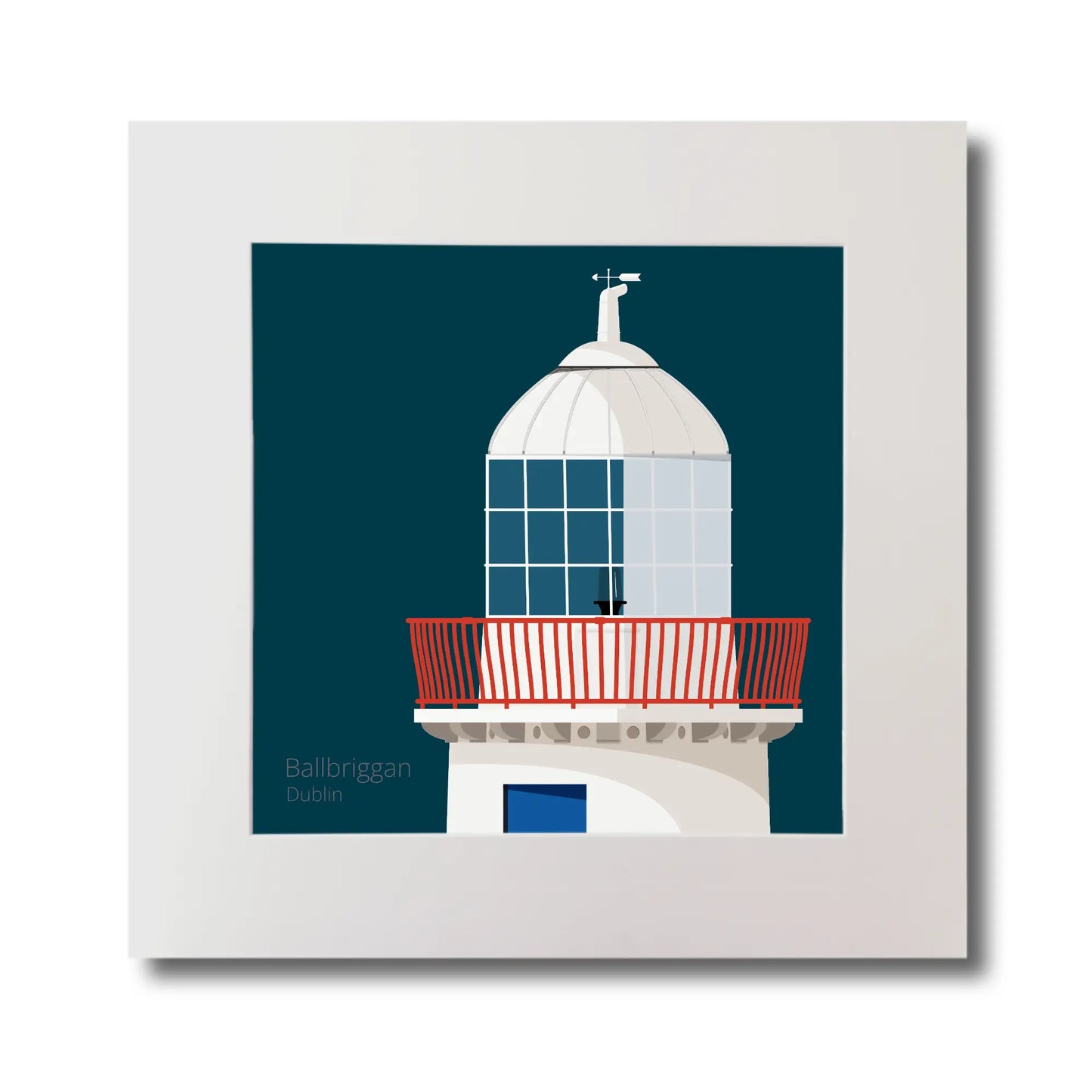 Illustration Ballbriggan lighthouse on a midnight blue background, mounted and measuring 30x30cm.