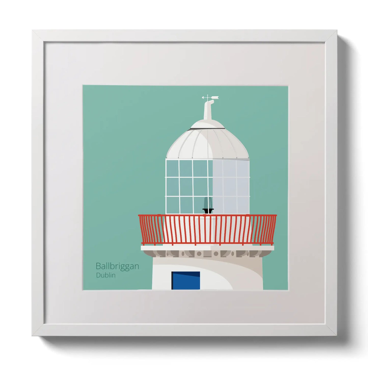 Illustration Ballbriggan lighthouse on an ocean green background,  in a white square frame measuring 30x30cm.
