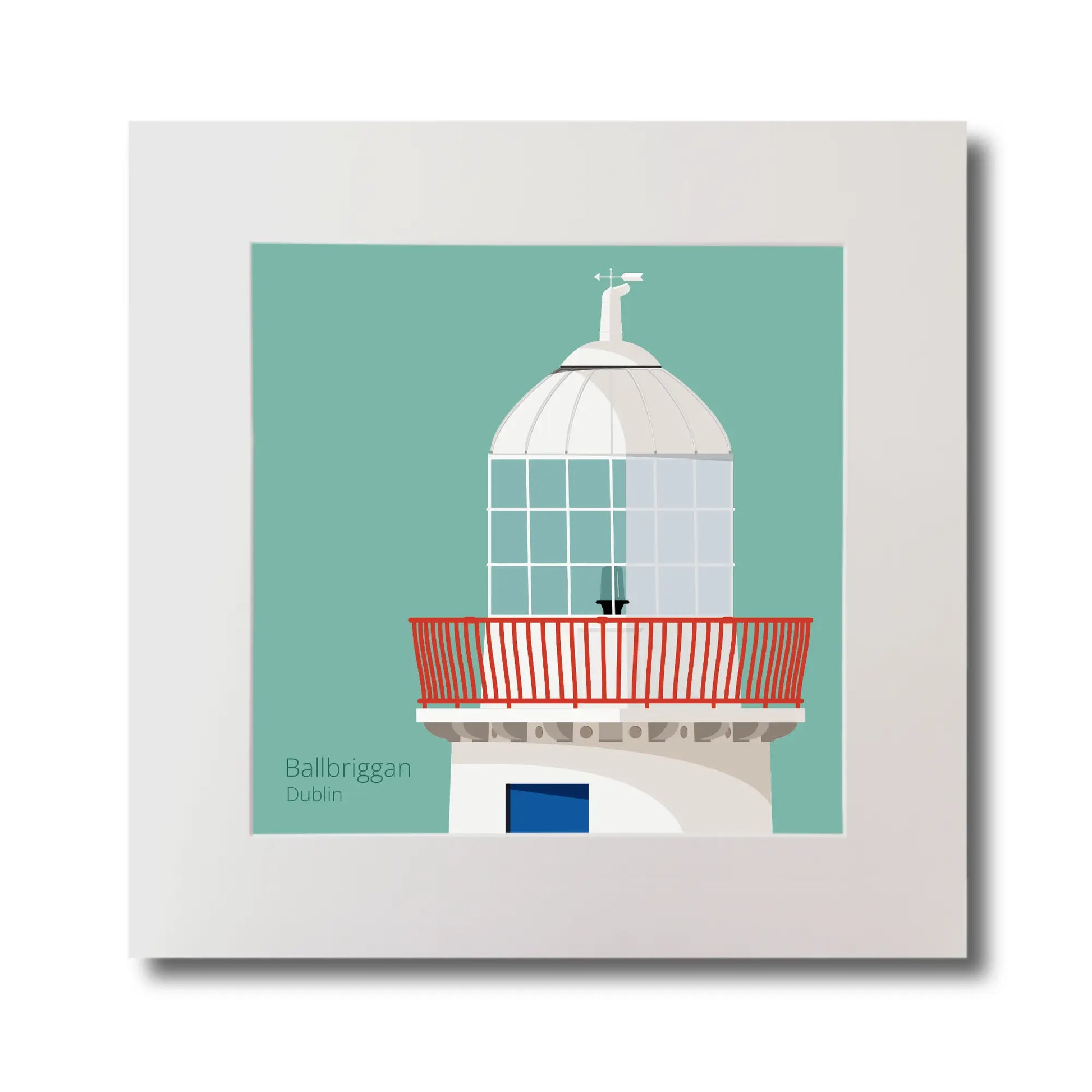 Illustration Ballbriggan lighthouse on an ocean green background, mounted and measuring 30x30cm.