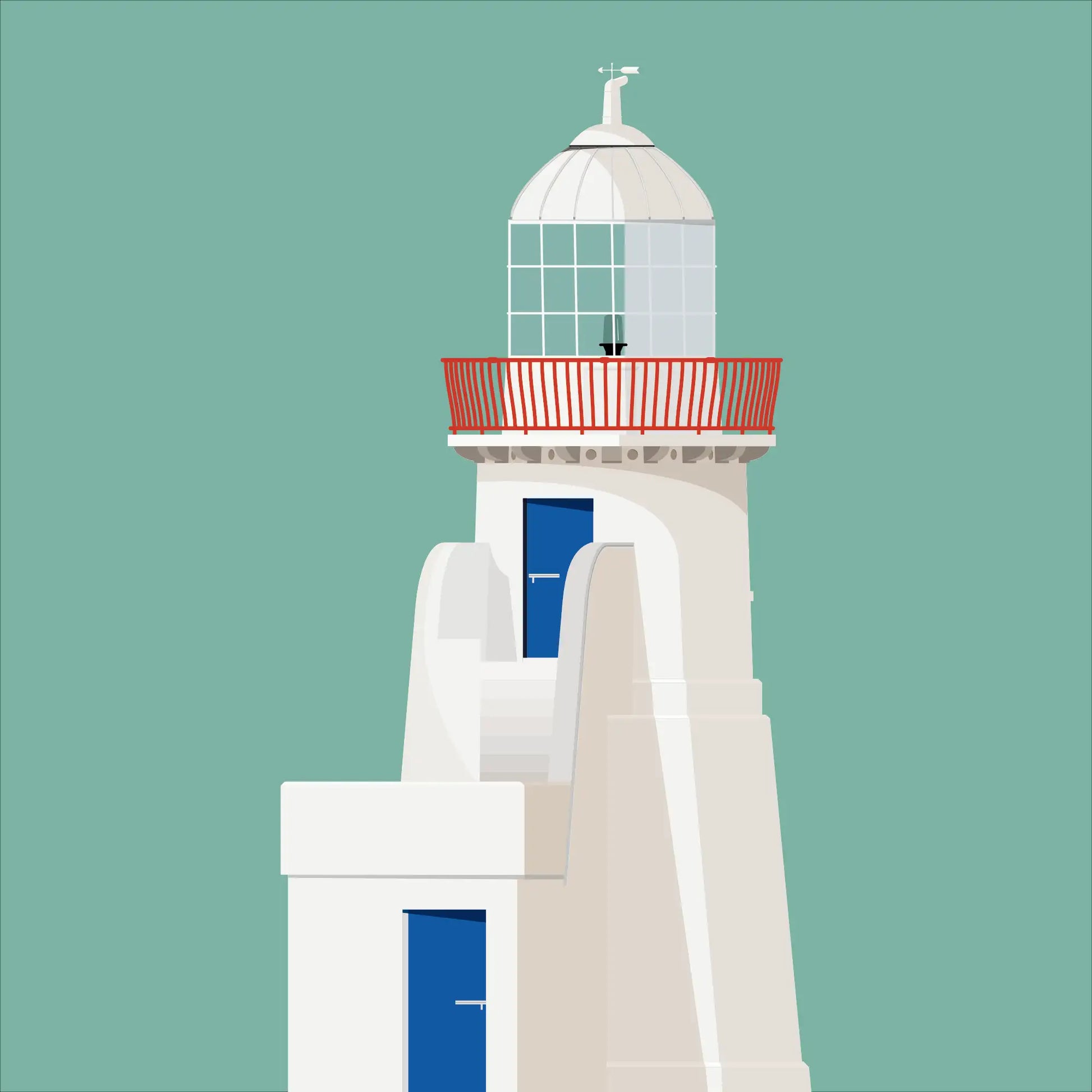 Contemporary graphic illustration of Ballbriggan lighthouse on a white background inside light blue square.