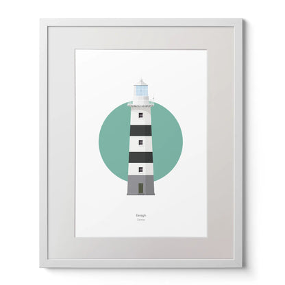 Contemporary art print of Eeragh lighthouse on a white background inside light blue square,  in a white frame measuring 40x50cm.