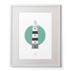 Contemporary art print of Eeragh lighthouse on a white background inside light blue square,  in a white frame measuring 40x50cm.