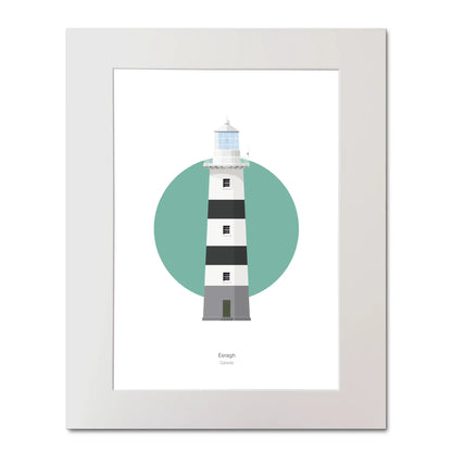 Contemporary illustration of Eeragh lighthouse on a white background inside light blue square, mounted and measuring 40x50cm.