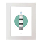 Contemporary illustration of Eeragh lighthouse on a white background inside light blue square, mounted and measuring 40x50cm.