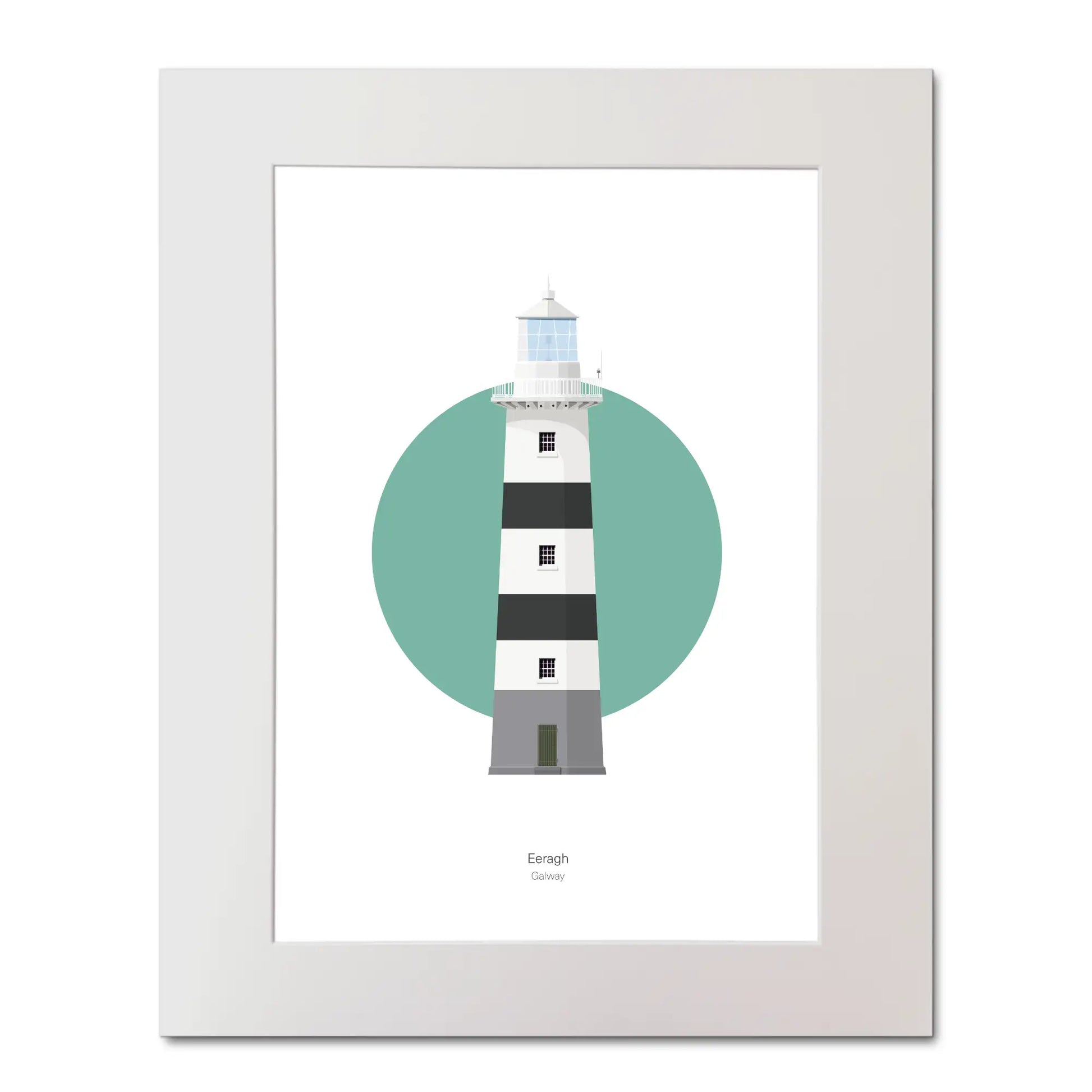 Contemporary illustration of Eeragh lighthouse on a white background inside light blue square, mounted and measuring 40x50cm.