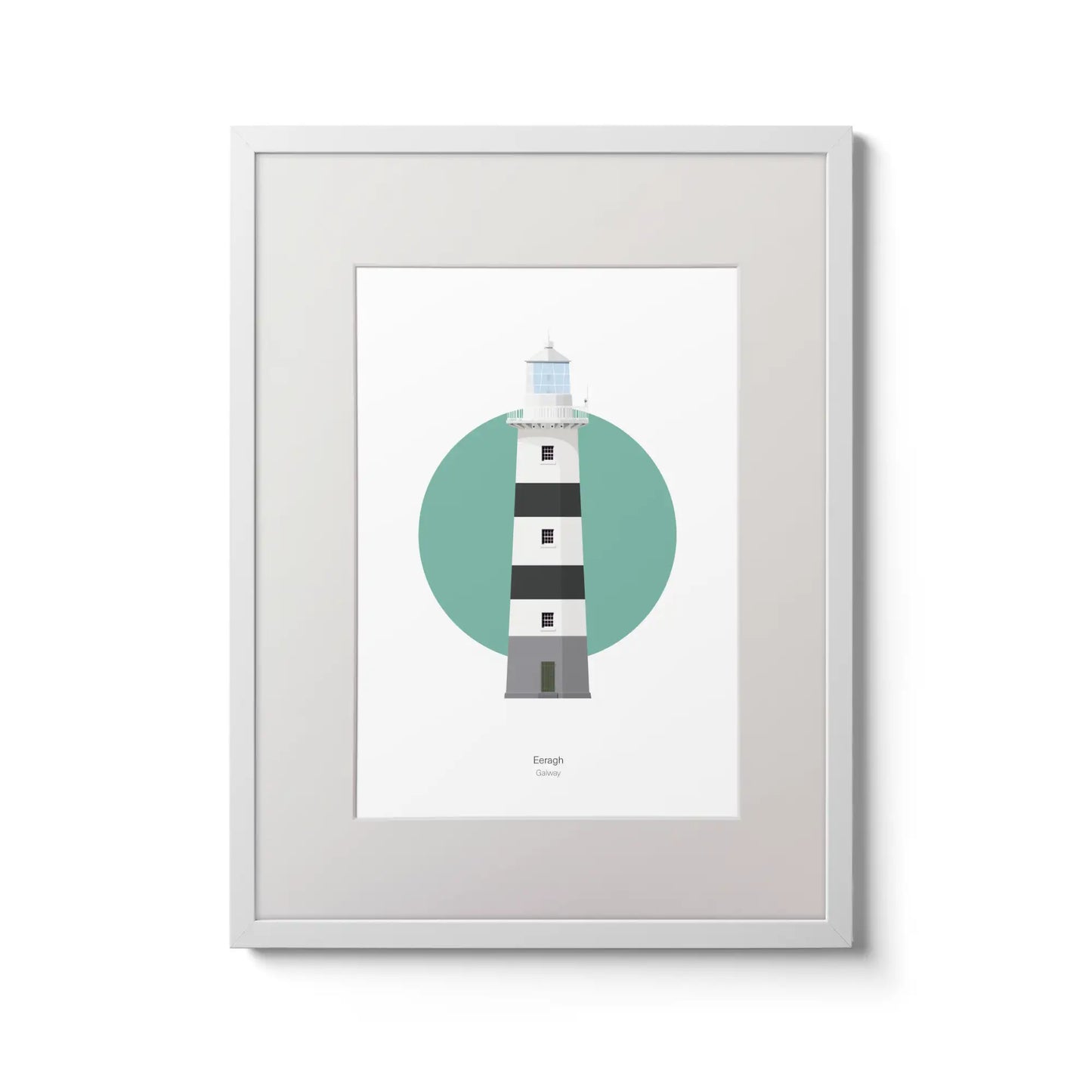 Contemporary wall art decor of Eeragh lighthouse on a white background inside light blue square,  in a white frame measuring 30x40cm.