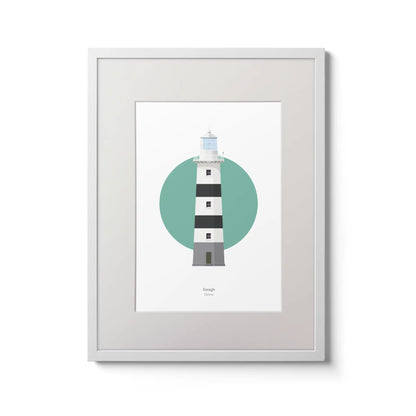 Contemporary wall art decor of Eeragh lighthouse on a white background inside light blue square,  in a white frame measuring 30x40cm.