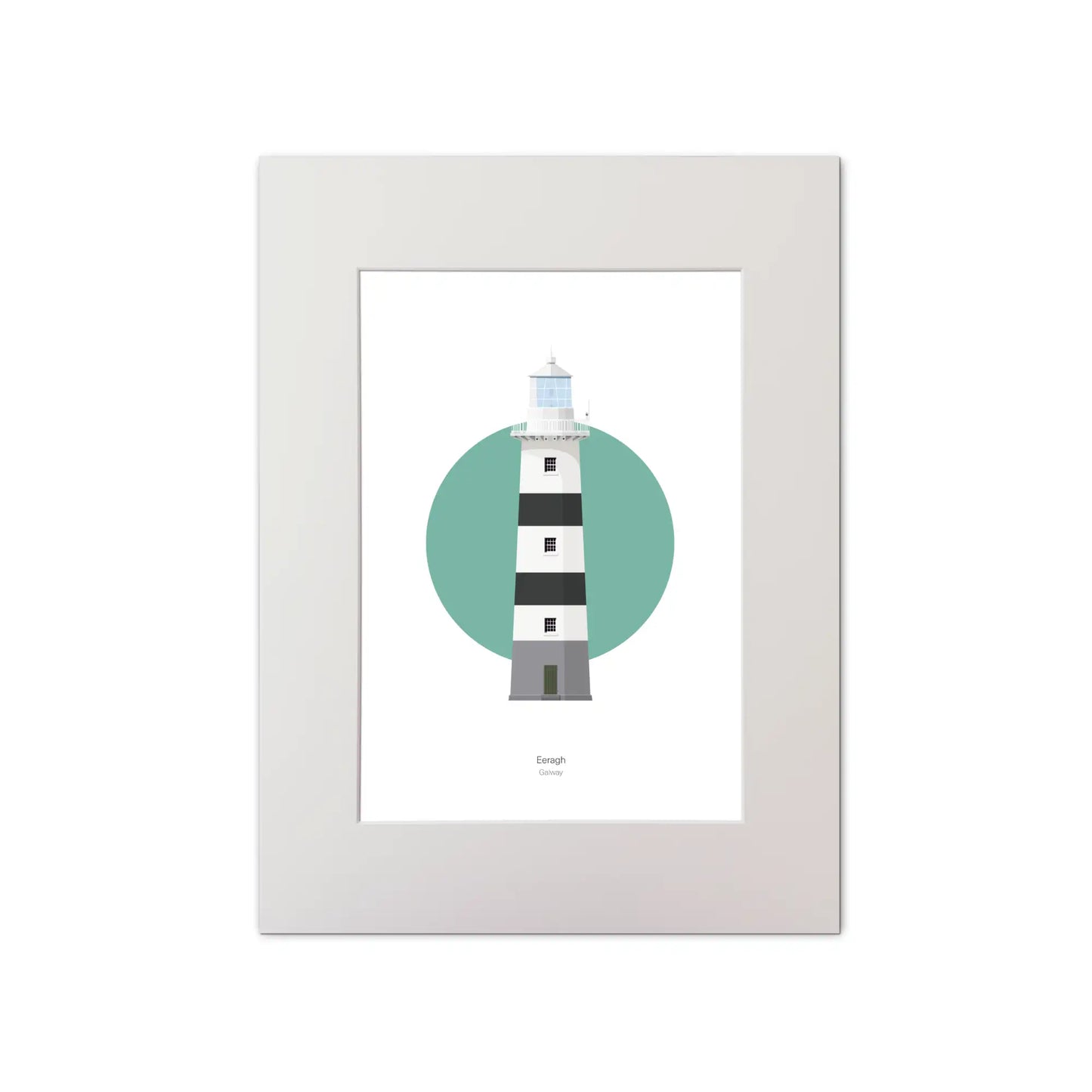 Contemporary graphic illustration of Eeragh lighthouse on a white background inside light blue square, mounted and measuring 30x40cm.