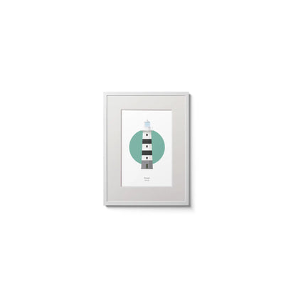 Contemporary wall hanging of Eeragh lighthouse on a white background inside light blue square,  in a white frame measuring 15x20cm.