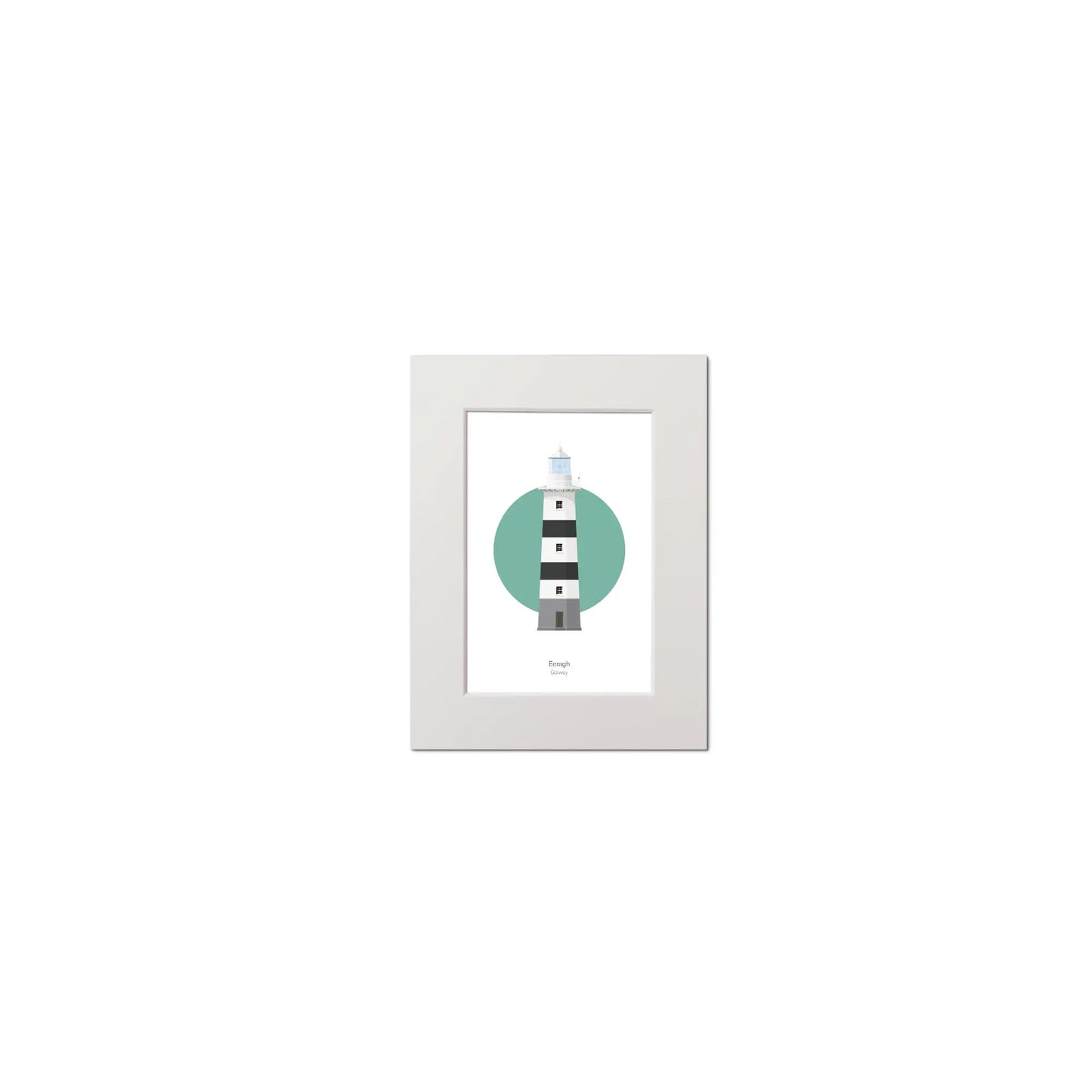 Contemporary graphic illustration of Eeragh lighthouse on a white background inside light blue square, mounted and measuring 15x20cm.