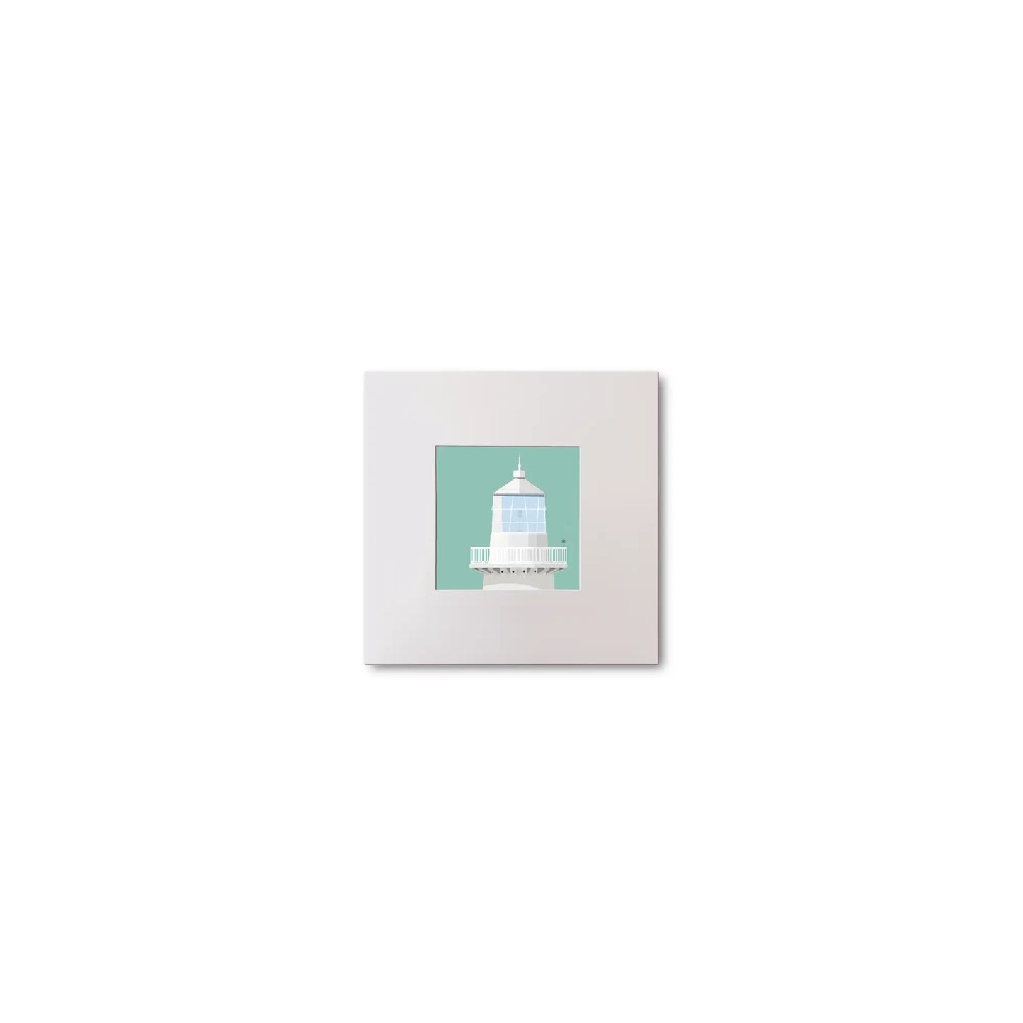 Illustration Eeragh lighthouse on an ocean green background, mounted and measuring 10x10cm.