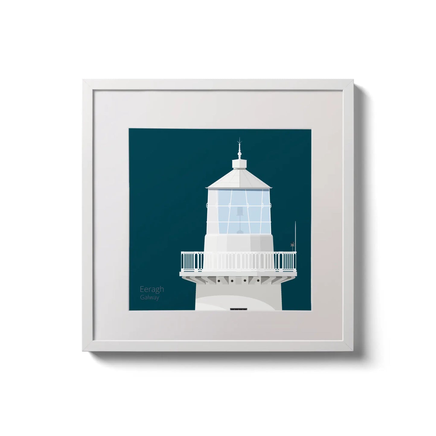 Framed wall art decoration Eeragh lighthouse on a midnight blue background,  in a white square frame measuring 20x20cm.