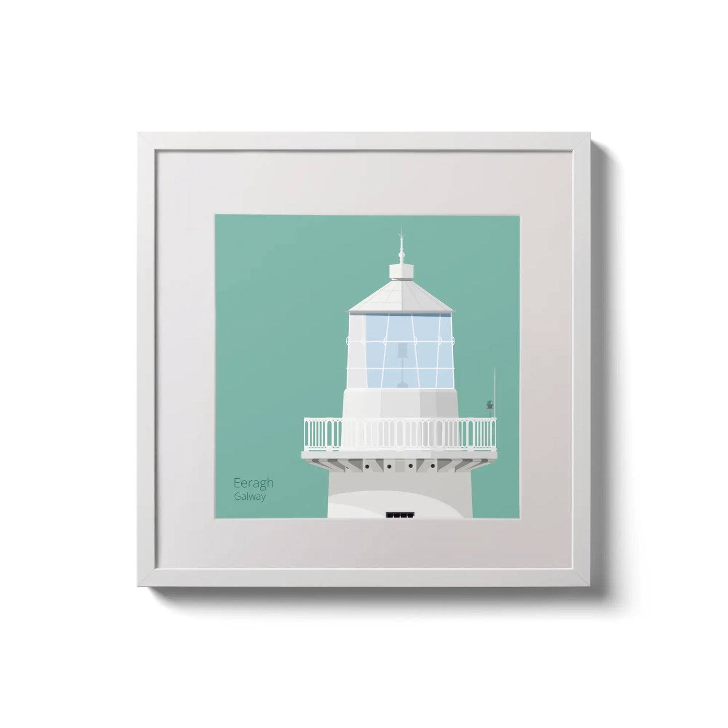 Contemporary wall hanging Eeragh lighthouse on an ocean green background,  in a white square frame measuring 20x20cm.