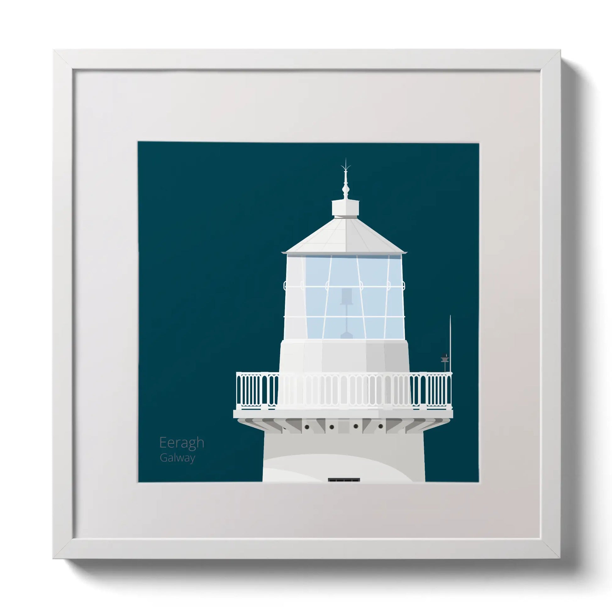 Illustration Eeragh lighthouse on a midnight blue background,  in a white square frame measuring 30x30cm.