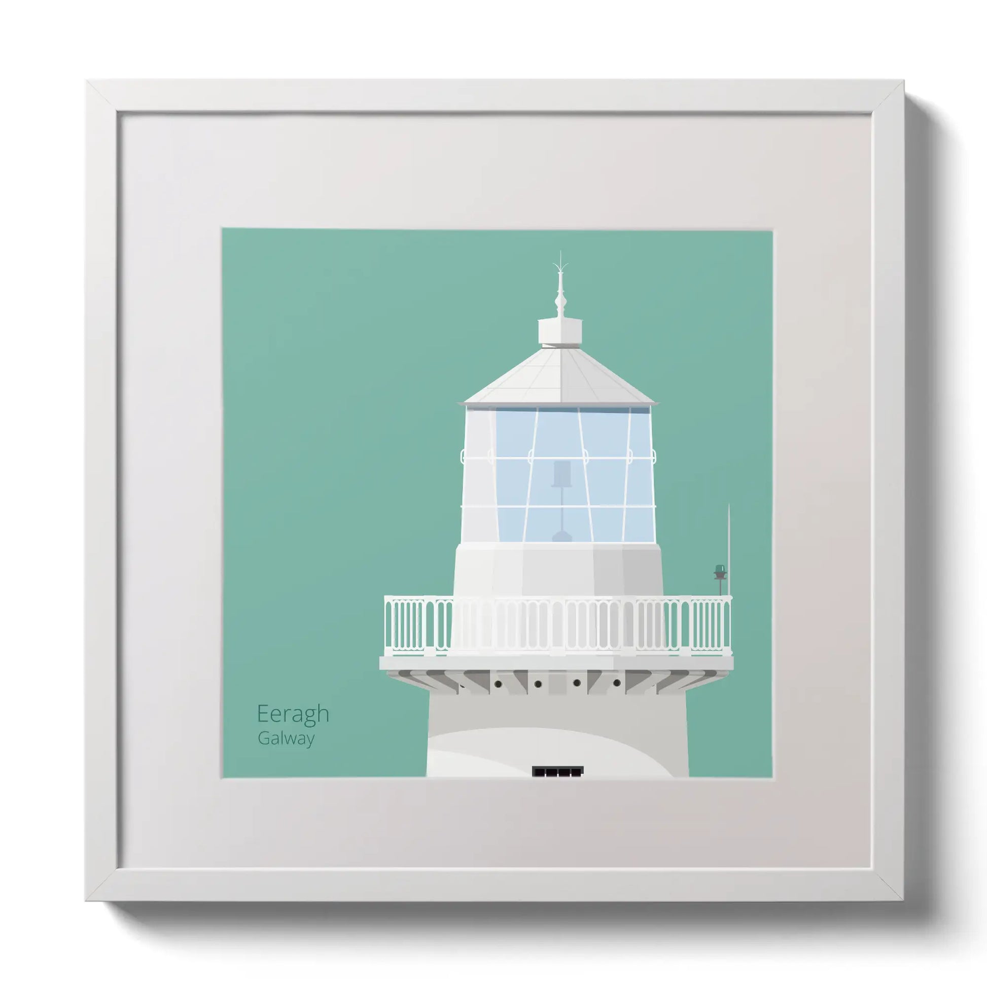 Illustration Eeragh lighthouse on an ocean green background,  in a white square frame measuring 30x30cm.